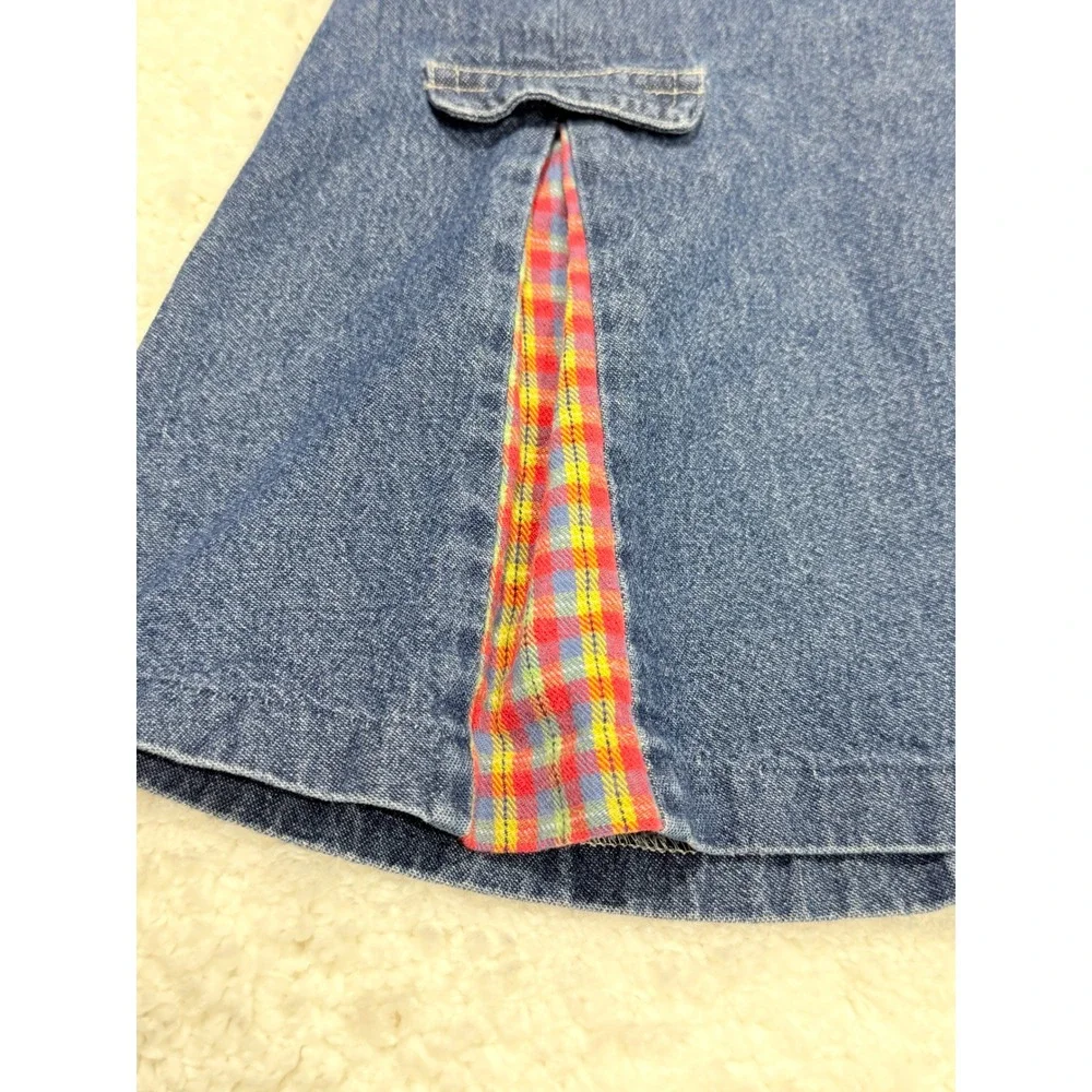 Vtg 90s OshKosh B'gosh Denim Jumper Dress Baby Girls sz 18M Fall Plaid
